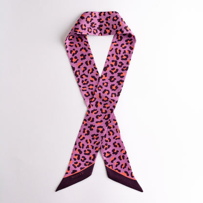 Twilly in leuchtendem Lila und Orange mit Leopardenmuster, 90cm x 5cm, aus 100% Seide.
