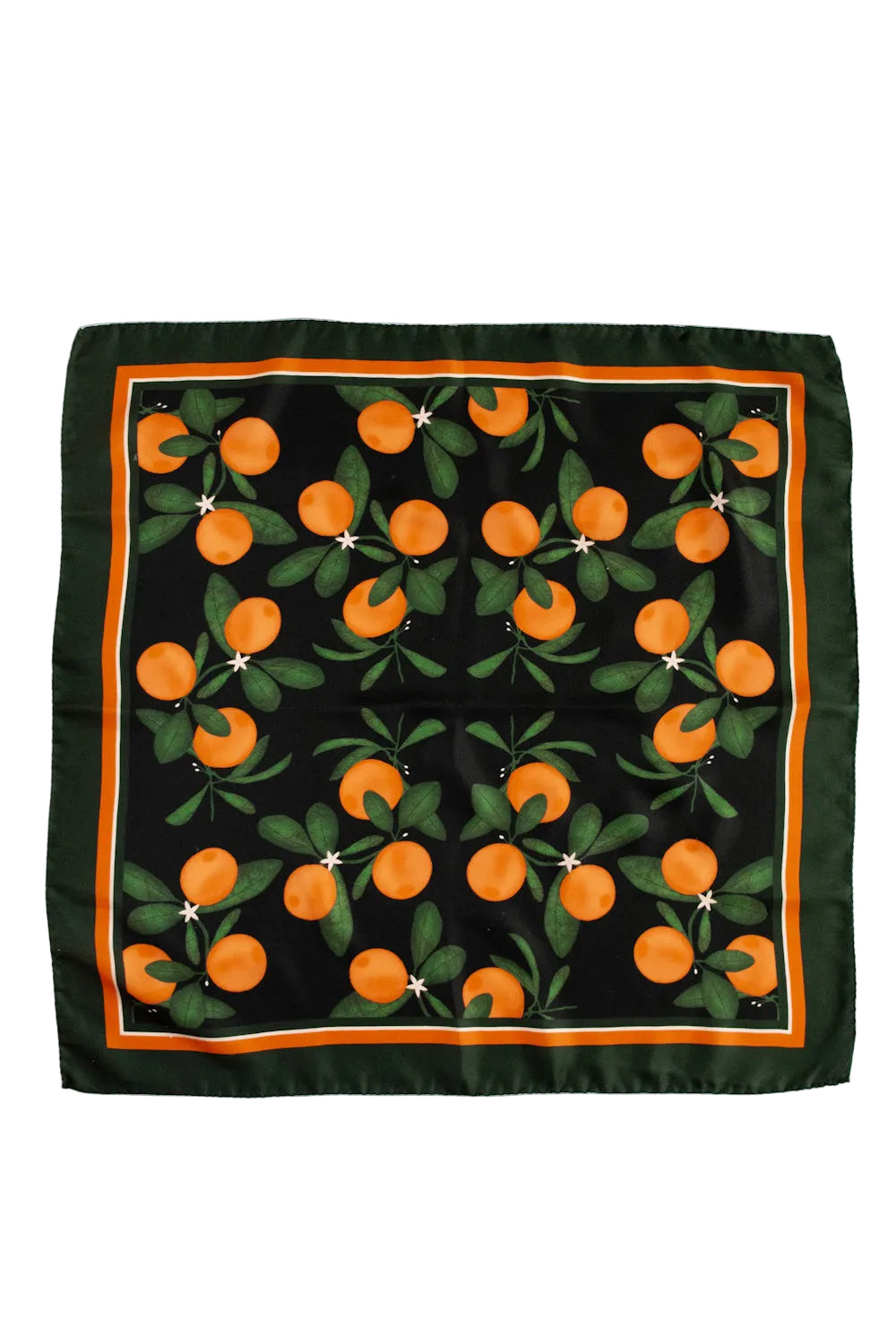Schwarzes Seidentuch mit Orangenprint.